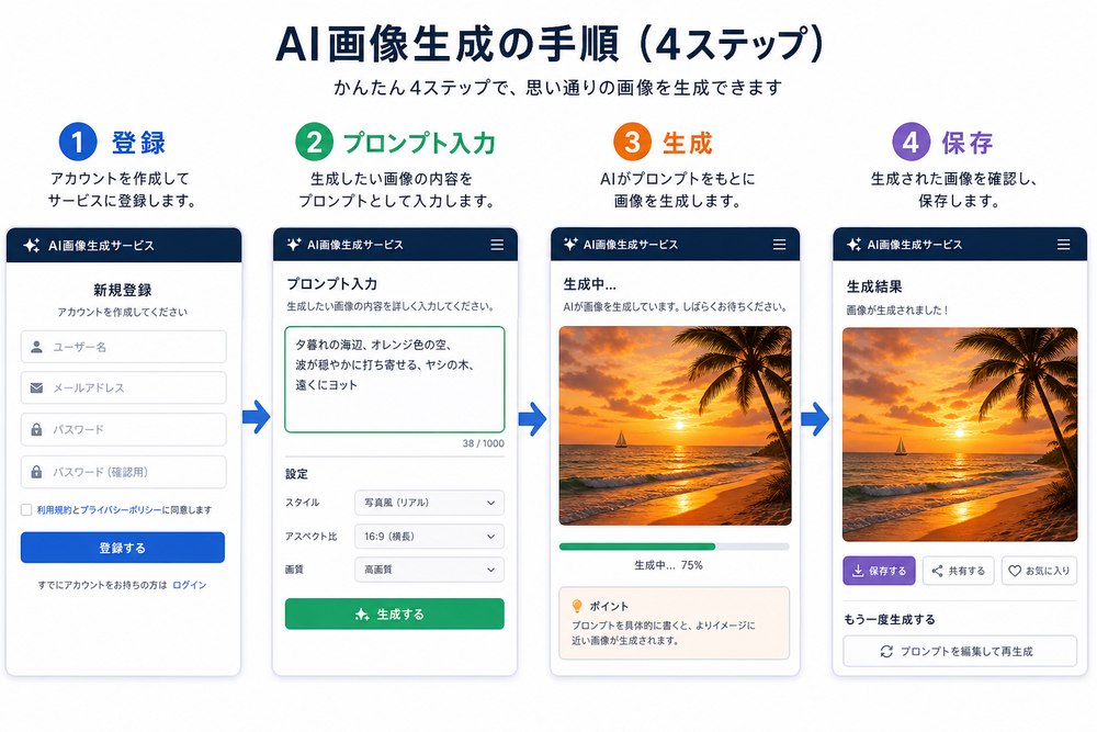 AI画像生成の手順を示す図。登録→プロンプト入力→生成→保存の4つの画面イメージを左から順番に並べたステップ図解