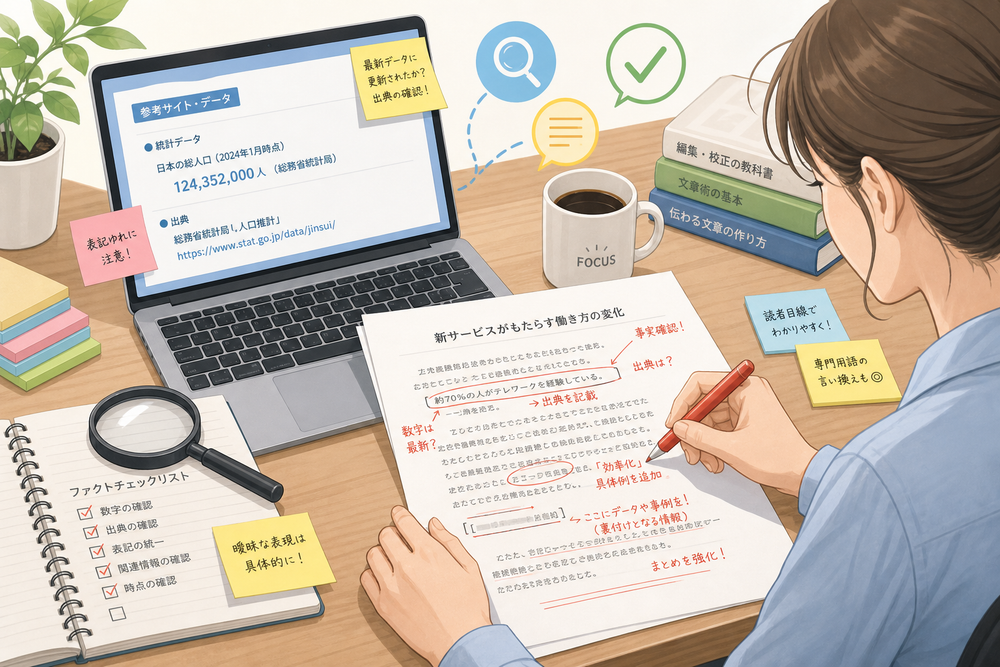 デスクの上でノートパソコンと紙の原稿を見比べながら、赤ペンでファクトチェックや加筆修正を行っている作業風景のイラスト。虫眼鏡や付箋、チェックマークのアイコンを添えた编集作業のイメージ。