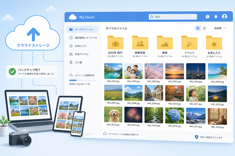 クラウドストレージ上で画像データをフォルダごとに整理・バックアップしている様子を表すイメージ画像。フォルダアイコンや画像サムネイルが整然と並ぶデジタルイラスト