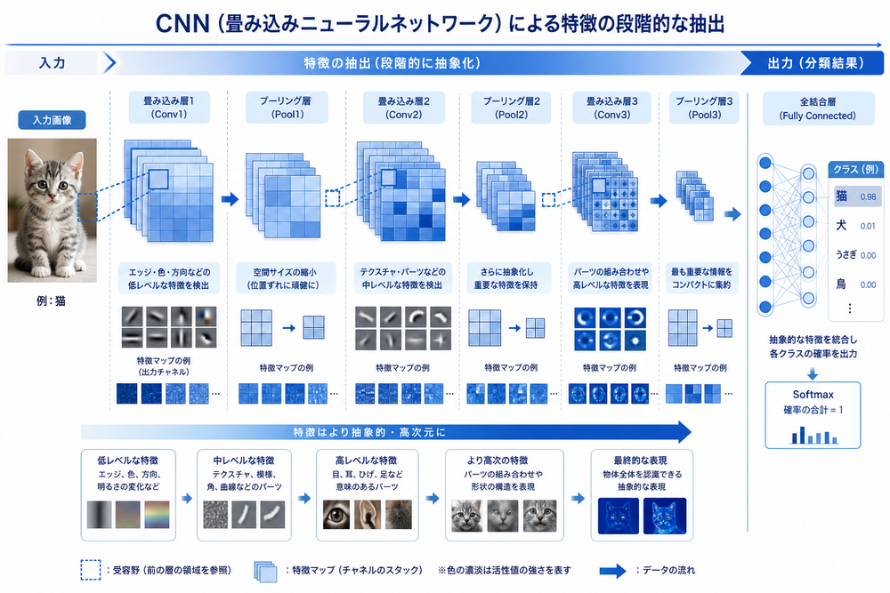 CNN（畳み込みニューラルネットワーク）が画像の特徴を段階的に抽出していく様子を示した模式図。左端に猫や物体の入力画像、中央に複数の畳み込み層とプーリング層を経て特徴マップが徐々に抽象化されていく様子を層状のブロックで表現、右端に分類結果の
