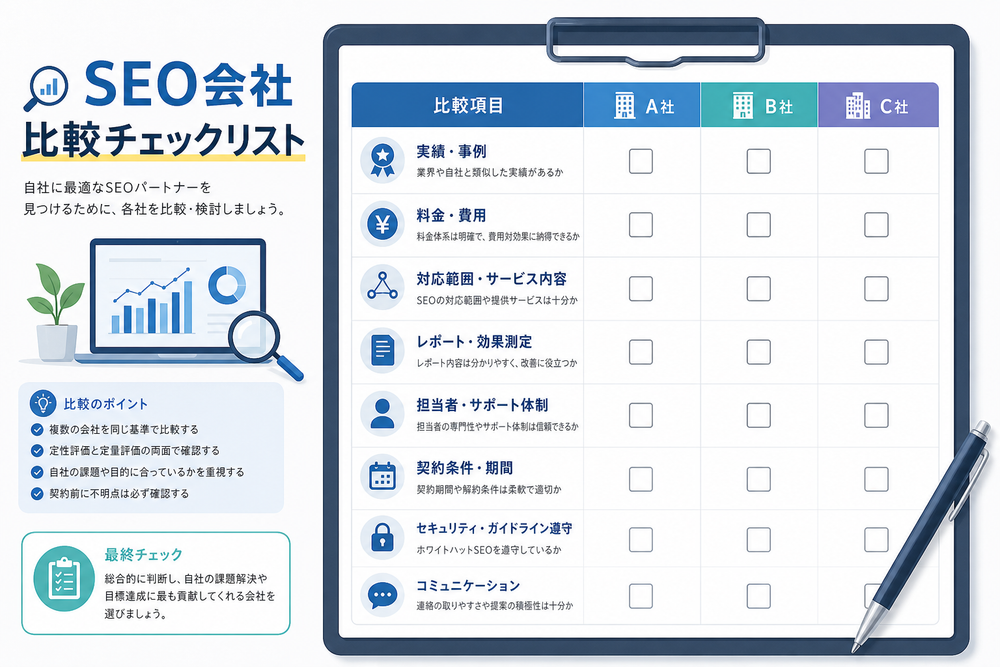 SEO会社を比較する際のチェックリストをまとめた図。紙やタブレット画面にチェックボックス付きの比較項目(実績、料金、対応範囲、レポート内容など)が並んでいるフラットデザインのイラスト。ビジネスシーンを想起させる清潔感のある配色