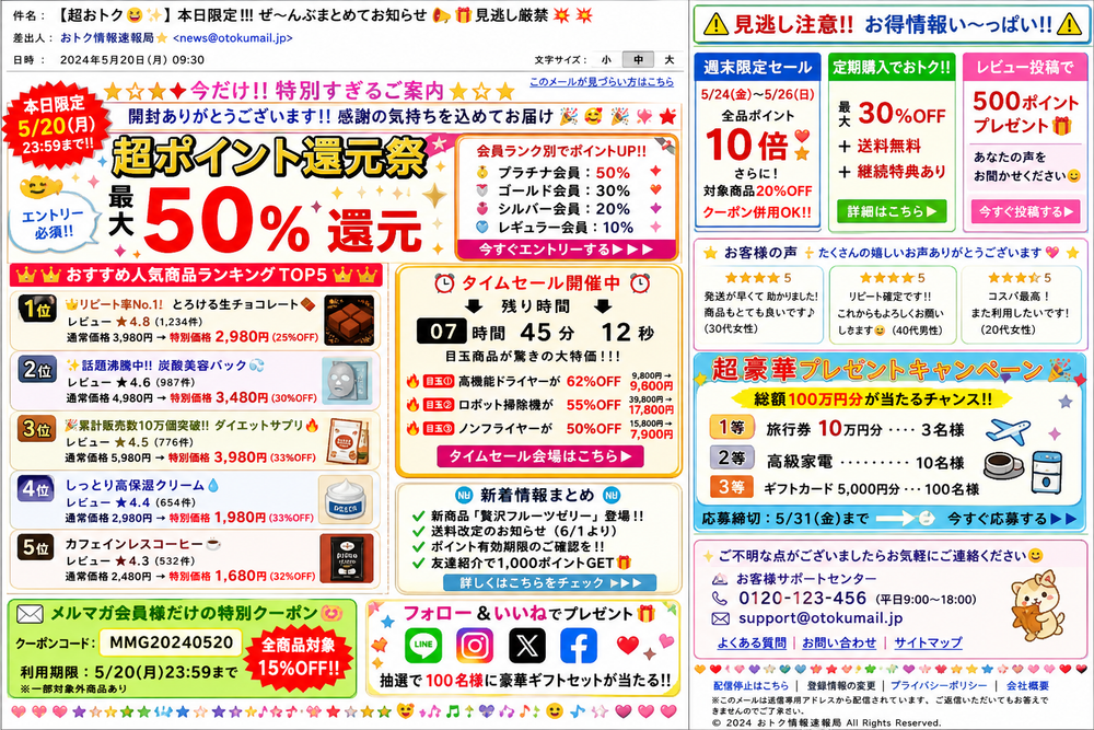 装飾記号や色、太字、絵文字などを過剰に使いすぎてごちゃごちゃして読みにくくなっているメルマガの悪い例イメージ。情報が詰め込まれすぎて視認性が低い雑然としたメール画面