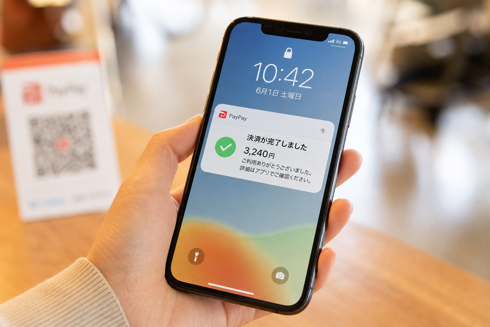 （写真：スマホに決済完了の通知が届いている画面のイメージを入れる）