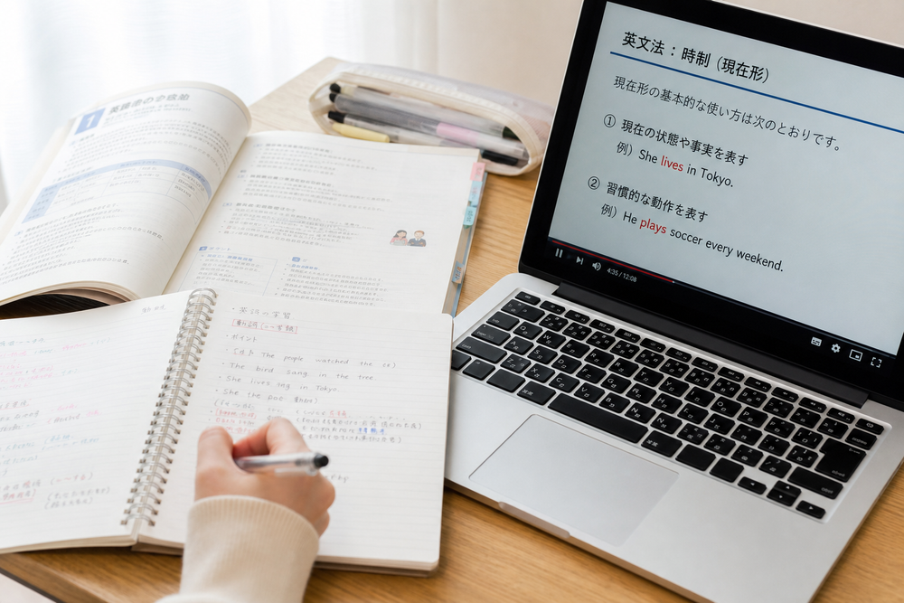 (写真:学習ノートとパソコンを並べて学んでいる様子の画像を入れる)