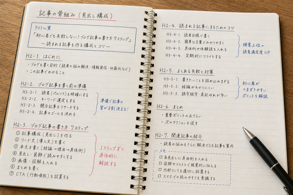 （写真：記事の骨組み（見出し構成）を書き出したノートやメモ画像を入れる）