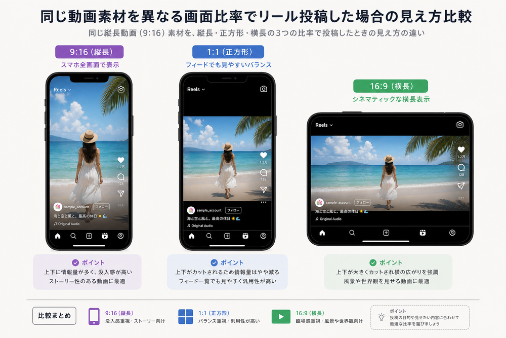同じ動画素材をスマートフォンの縦長9:16・正方形1:1・横長16:9の3つの画面比率でリール投稿した場合の見え方を並べて比較するイメージ図。3つのスマホ画面モックアップを横に並べたフラットデザインのインフォグラフィック