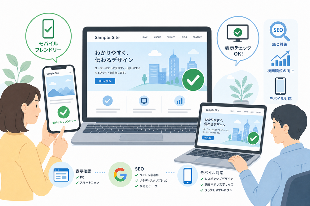 スマートフォンとパソコンでウェブサイトの表示チェックをしているイメージイラスト。画面にチェックマークやモバイルフレンドリーを示すアイコンが表示されている様子、SEOやモバイル対応をイメージさせるシンプルな図解