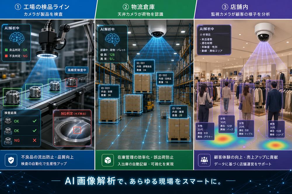 製造業の検品ライン、物流倉庫、店舗内カメラなど複数業種でのAI画像解析活用シーンをまとめたイメージ図。3つのシーンを分割レイアウトで表現：①工場の検品ラインでカメラが製品を検査している様子、②物流倉庫で天井カメラが荷物を認識している様子、③