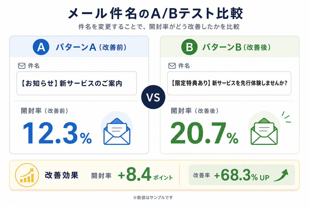 メール件名のA/Bテスト比較イメージ。パターンAとパターンBの2つの件名カードを左右に並べ、改善前後の開封率の数字（%）を対比表示した、シンプルで見やすいインフォグラフィック