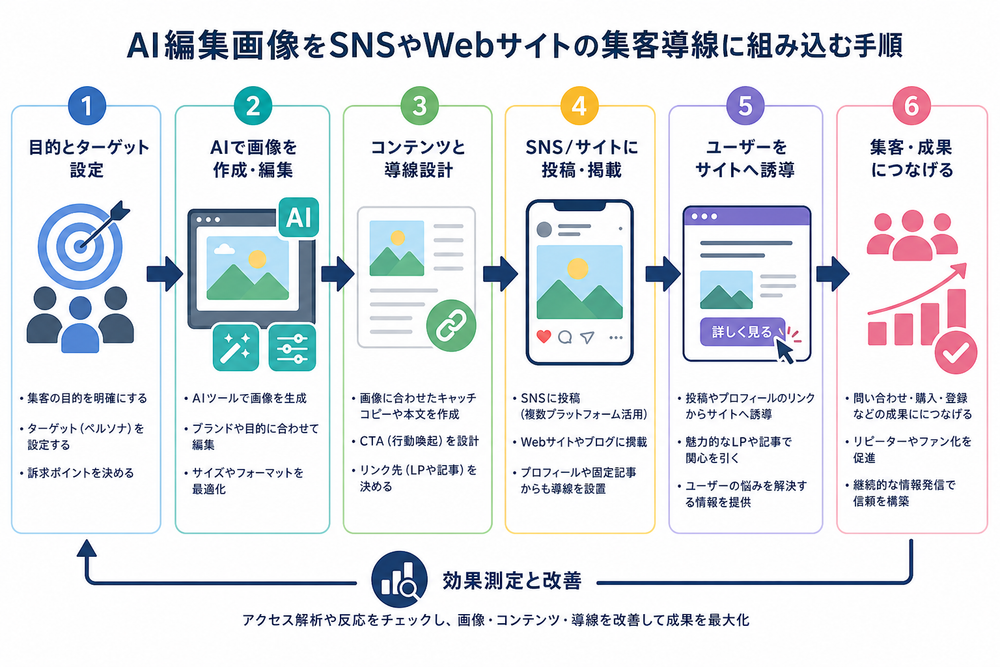 AI編集画像をSNSやWebサイトの集客導線に組み込む手順を示すシンプルなフローチャート図解、画像作成から投稿、集客までの流れを矢印でつないだ図、フラットデザイン