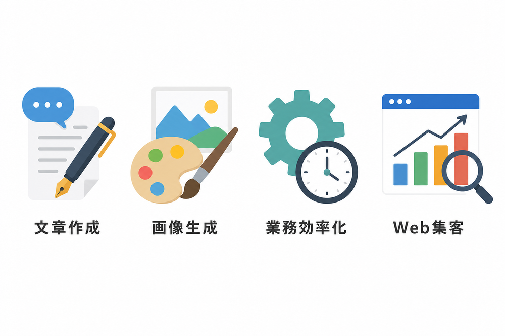 文章作成・画像生成・業務効率化・Web集客の4つのカテゴリを表すシンプルなアイコンを横一列に並べたイラスト。ペンや吹き出し（文章作成）、絵筆やパレット（画像生成）、歯車や時計（業務効率化）、グラフや虫眼鏡（Web集客）を使ったフラットデザイ