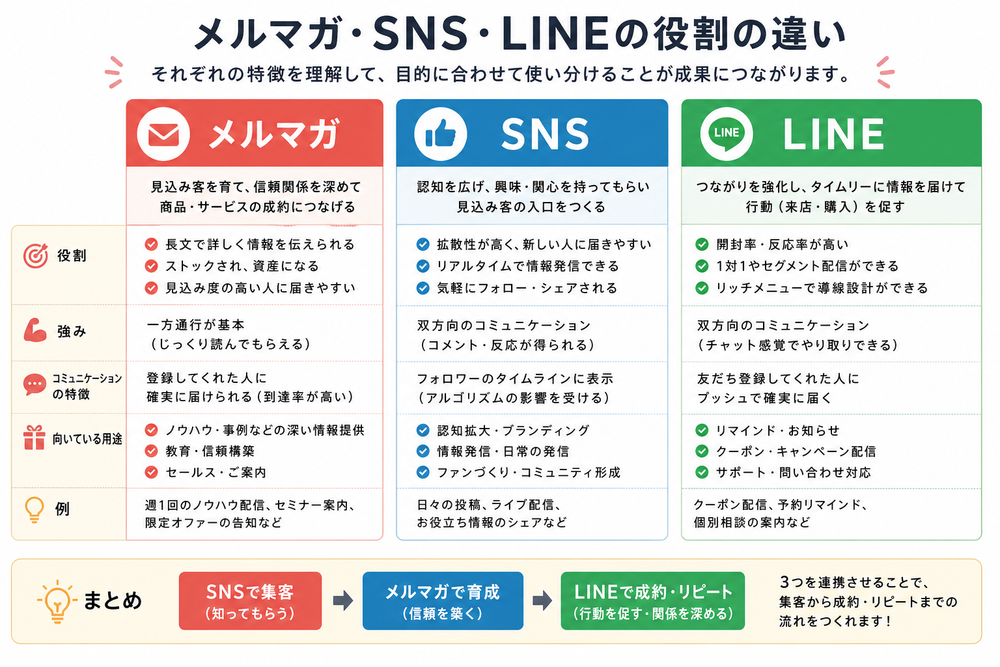 (写真:メルマガ・SNS・LINEの役割の違いを示した図解を入れる)
