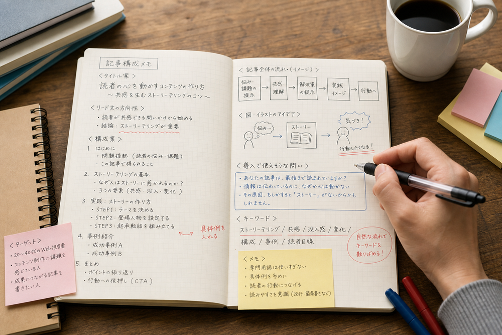 （写真：手書きの構成メモやノートで記事を設計している様子の画像を入れる）
