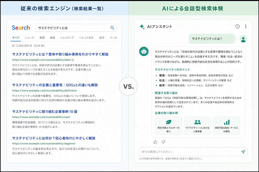 従来の検索エンジンの検索結果一覧画面と、AIによる会話型検索体験の画面を左右に比較したイメージ図。左側はリンクが並ぶ従来型の検索結果、右側はAIチャットボットが要約して回答する画面、シンプルでモダンなフラットデザインのイラスト