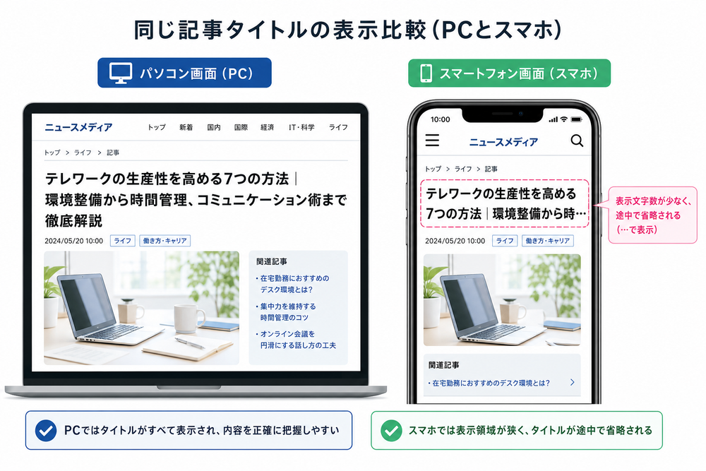 同じ記事タイトルがパソコン画面とスマートフォン画面でどのように表示されるかを左右に並べて比較したイラスト。スマホでは表示文字数が少なく途中で省略される様子を示す日本語のイメージ図