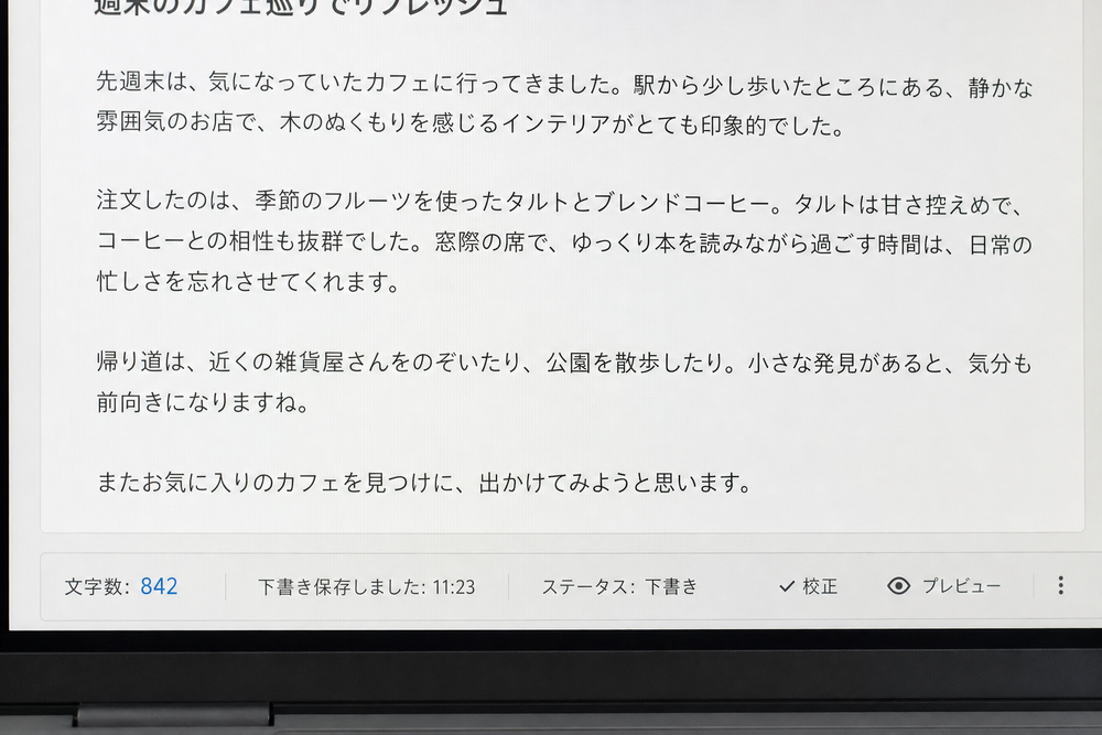 文書作成アプリの画面下部に文字数カウントが表示されている様子のスクリーンショット風イメージ。ブログ記事のテキストと、その文字数が数値で示されているパソコン画面のクローズアップ