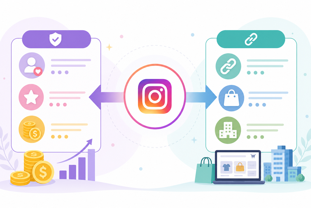Instagram収益化の全体像を示すインフォグラフィック。中央にシンプルなアイコンを置き、左右に2つの矢印を伸ばす。左側は「Meta公式機能」として、サブスクリプション・バッジ・広告収益分配などを表す抽象的なアイコン（コイン、ハート、星な