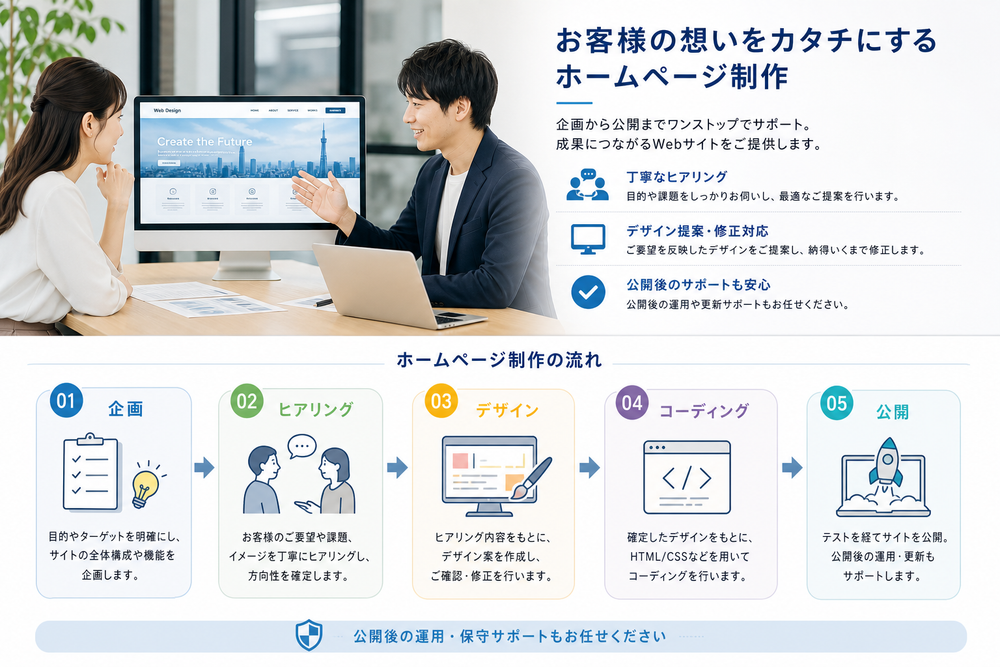 制作会社の担当者とクライアントがオフィスでホームページのデザイン案を見ながら打ち合わせしている様子、または企画・ヒアリング・デザイン・コーディング・公開までの制作工程を示す矢印付きフロー図イラスト(日本語ラベル付き、清潔感のあるビジネス系デ