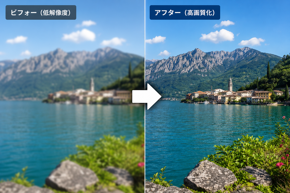 左右2分割の比較画像。左側に低解像度でぼやけた風景写真、右側に同じ写真をAIで高画質化してシャープになった状態を並べたビフォーアフター比較。中央に矢印アイコン、シンプルで分かりやすいデザイン