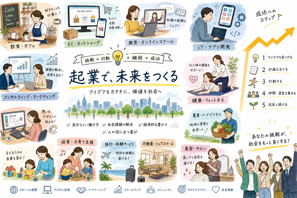 さまざまな業種の起業事例をイメージさせるコラージュ風イラスト、複数の小さなアイコンやシーンを組み合わせたビジネス成功イメージ図解