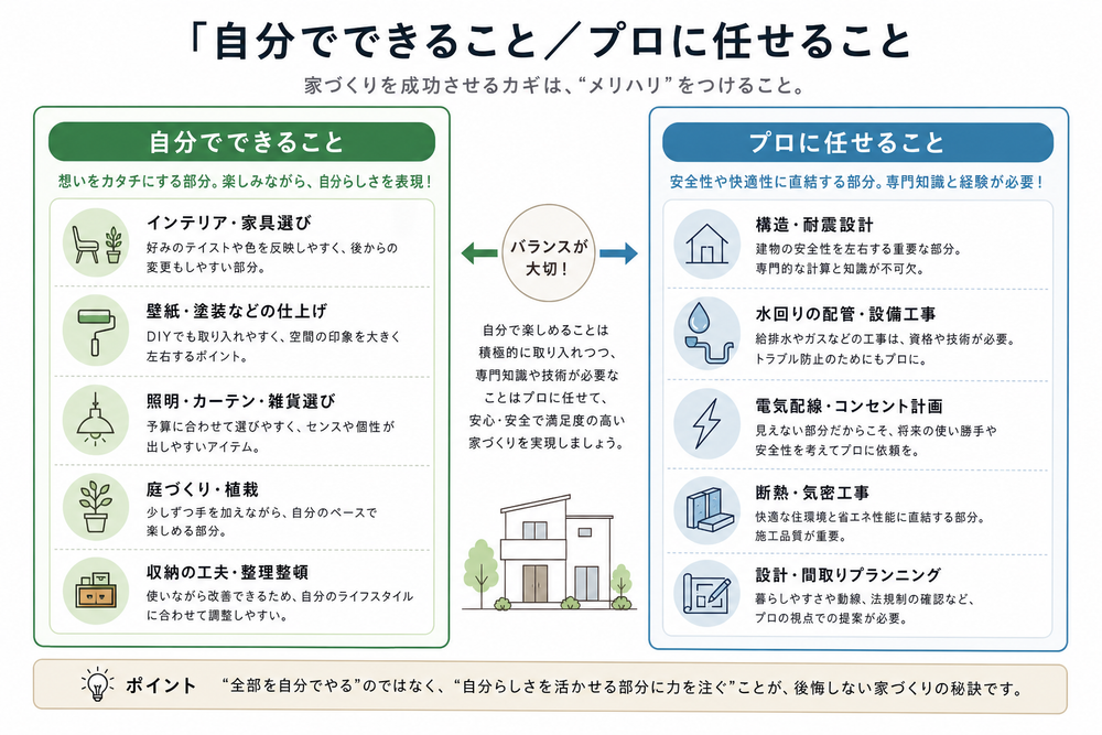 （写真：「自分でできること／プロに任せること」を左右で分けた図解を入れる）