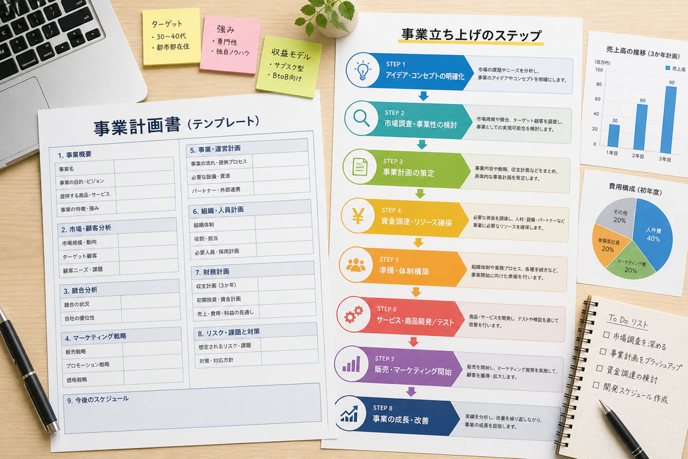 事業計画書のテンプレート用紙と、事業立ち上げのステップを示す矢印付きフロー図を並べたイメージ画像。ノートパソコンや付箋、グラフも添えたビジネスシーンの構図。