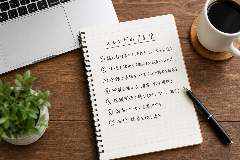(写真:ノートに「メルマガの7手順」を書き出しているデスク周りの画像を入れる)