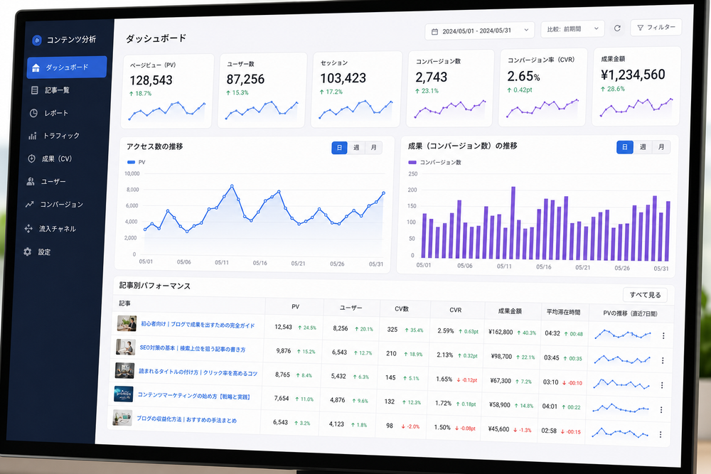 記事ごとのアクセス数や成果を示すグラフや数字が並んだ分析ダッシュボードの画面イメージ。折れ線グラフ・棒グラフ・数値指標、モニター画面のクローズアップ、モダンなUI