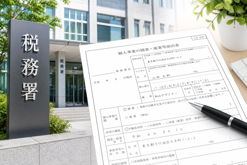 税務署の外観と、個人事業の開業届の書類フォーマットを組み合わせたイメージ写真。書類の上にペンが置かれ、記入している様子が分かる構図。清潔感のあるオフィス風の背景。