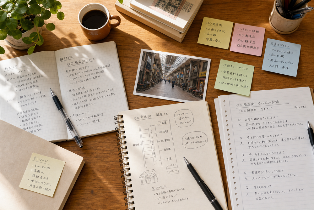 手書きのメモや取材ノート、付箋、ペンが机の上に広げられ、一次情報を収集している様子の写真風イラスト。温かみのある自然光、俯瞰アングル