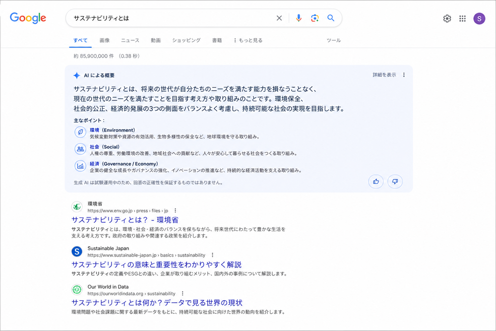 検索エンジンの結果画面上部にAIによる要約回答(AI Overview風の枠)が表示されているイメージ図。検索窓、AI要約ボックス、その下に通常の検索結果リストが並ぶモックアップ画面