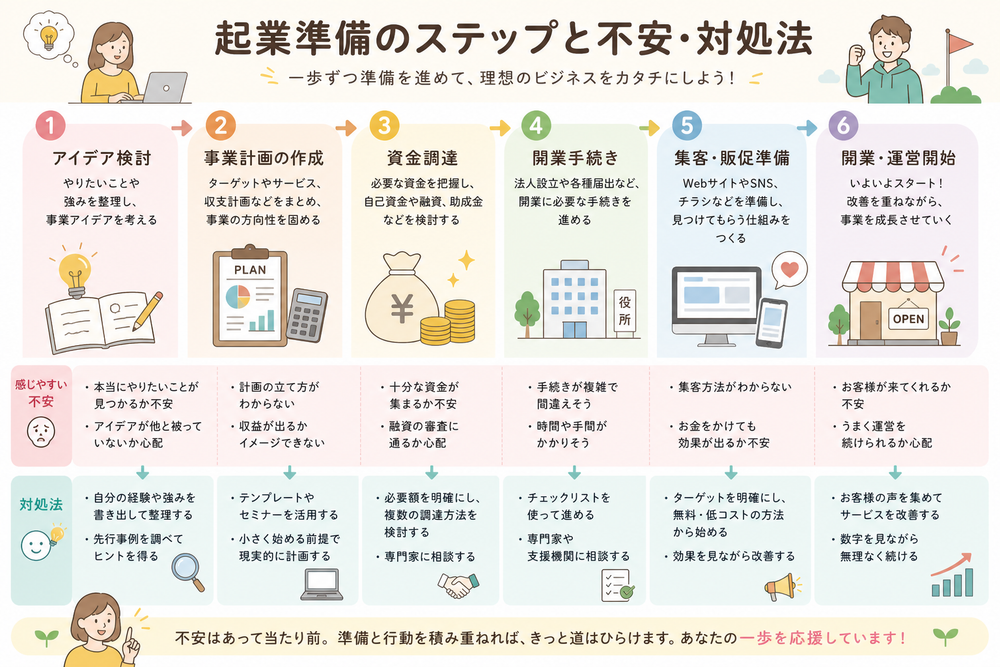 起業準備のステップ(アイデア検討、事業計画、資金調達、開業手続き、集客準備など)を時系列で並べ、各ステップの下に感じやすい不安とその対処法を対比させたフラットデザインのインフォグラフィック。パステルカラーで親しみやすい雰囲気
