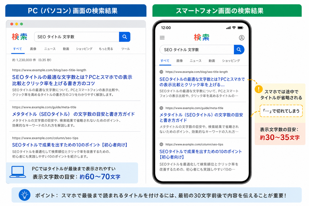 同じ記事タイトルがPC画面とスマートフォン画面の検索結果でどう表示されるかを左右に並べた比較イラスト。表示される文字数の違いを示す