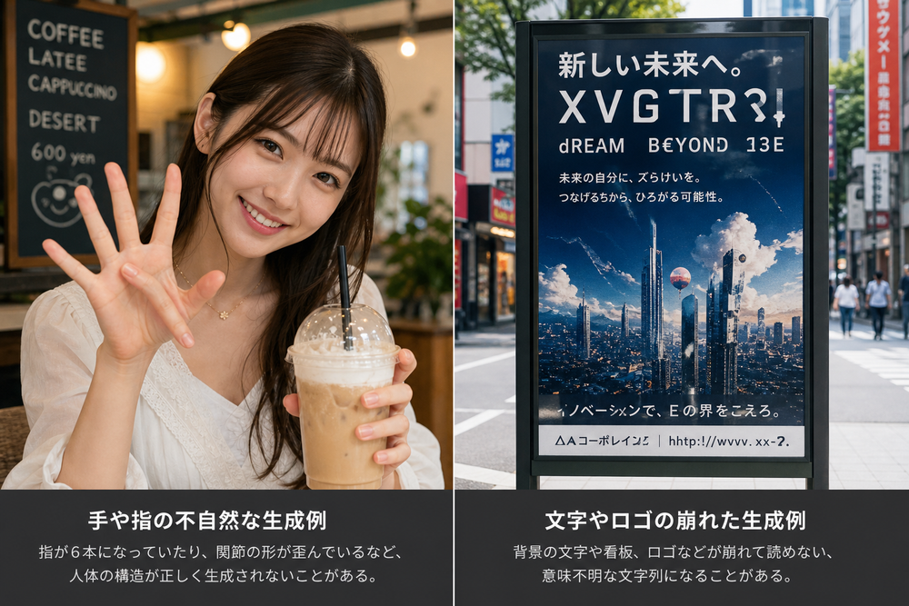 AI画像生成でよくある失敗例を示すサンプル画像、人物の手の指が6本になっていたり不自然に歪んでいる様子、背景の文字やロゴが崩れて読めない様子、2枚並べたコラージュ