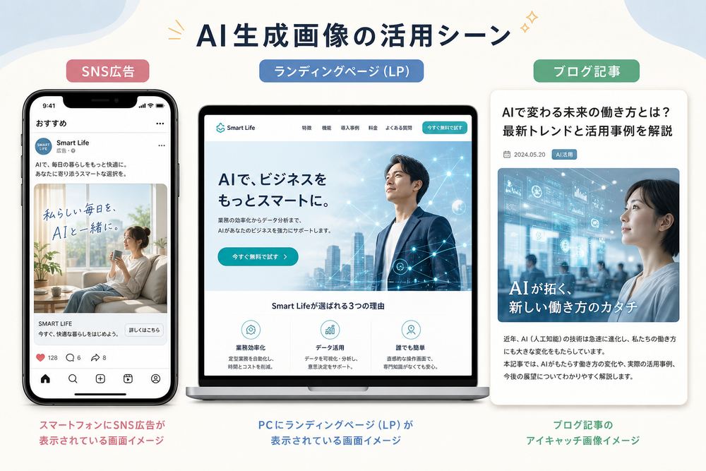 SNS広告、ランディングページ、ブログ記事それぞれでAI生成画像を活用している様子を並べたイメージイラスト。スマートフォンにSNS広告が表示されている画面、PCにLPが表示されている画面、ブログ記事のアイキャッチ画像の3パターンを並べた構図