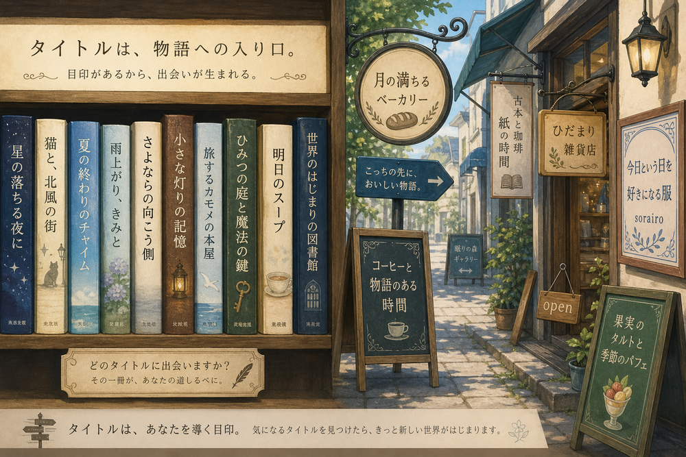 本の背表紙のタイトルや、店の入り口にある看板が並んでいる様子のイラスト。タイトルが目印・看板であることを連想させる構図