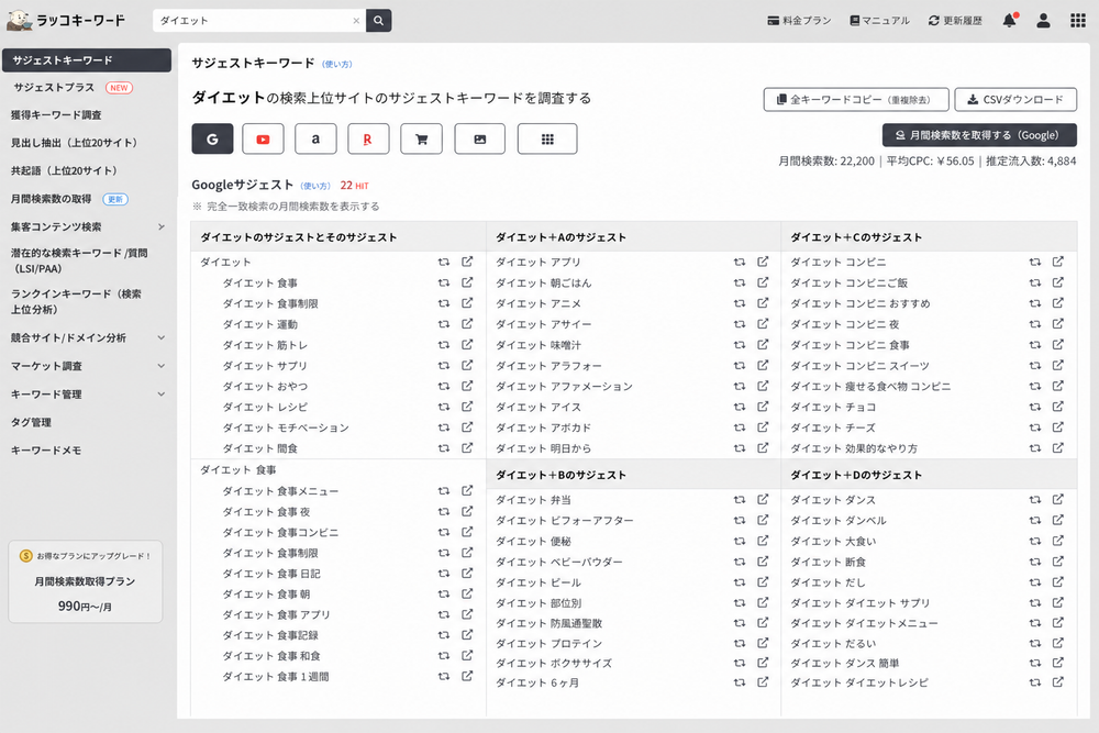（写真：キーワード調査ツールでサジェストキーワードを抽出している画面を入れる）