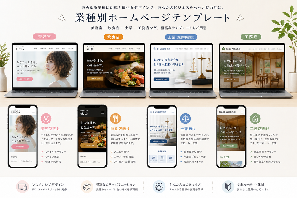 美容室、飲食店、士業、工務店など業種別のホームページテンプレートのサンプル画面を複数並べたイメージ画像。パソコンやスマートフォンの画面モックアップにそれぞれ異なる業種向けデザインのウェブサイトが表示されているイラスト風構成