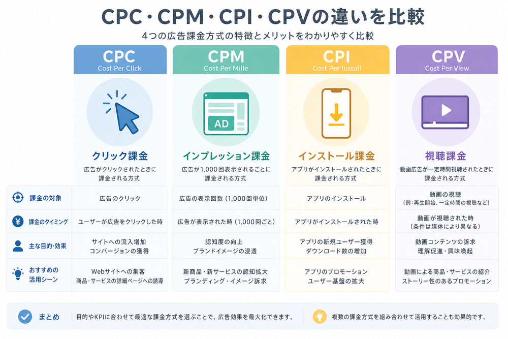 CPC・CPM・CPI・CPVの4つの広告課金方式の違いを比較するインフォグラフィック。4つのアイコン（クリック・表示・インストール・視聴）とそれぞれの説明を並べたシンプルな比較図、パステルカラーでビジネス資料風のデザイン