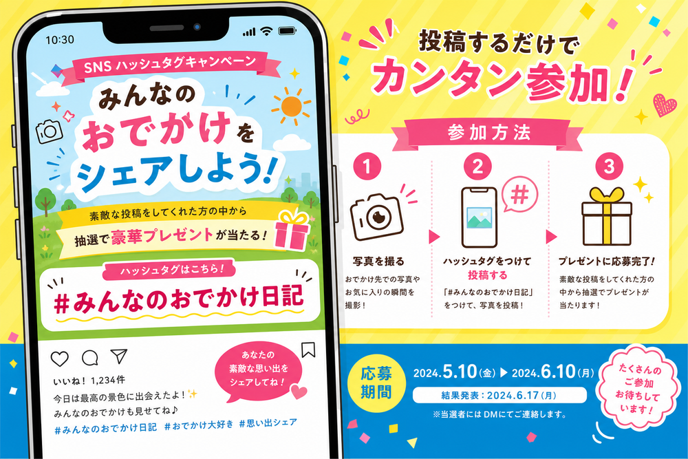 SNSハッシュタグキャンペーンの告知投稿デザイン例。スマホ画面にキャンペーンバナーとハッシュタグ、参加方法のテキストが配置されたポップで目を引くデザインのイラスト