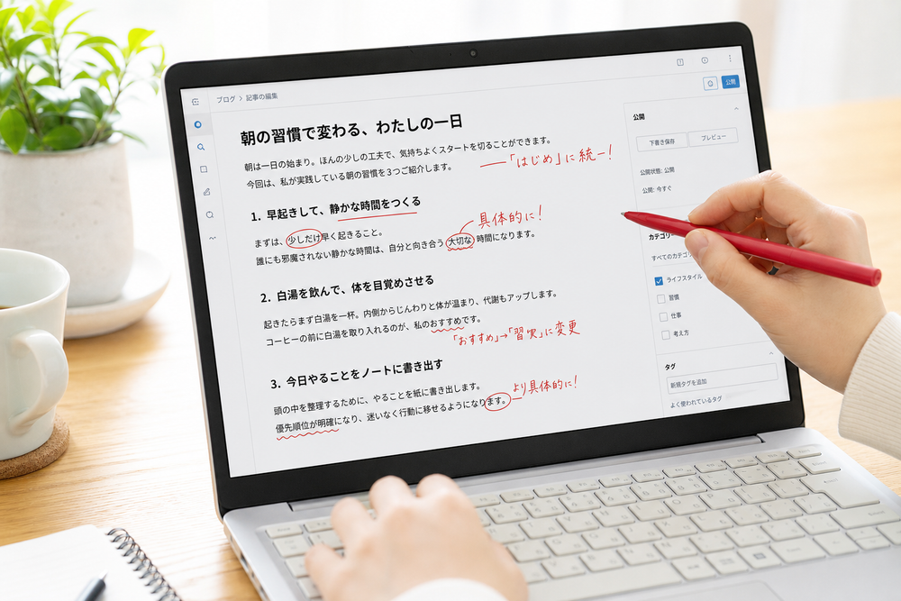 ノートパソコンの画面にブログ記事の文章が表示され、その画面に人間が赤ペンで加筆・修正を書き込んでいるイメージ写真風のイラスト。デスク上、手元のクローズアップ、明るく自然な雰囲気
