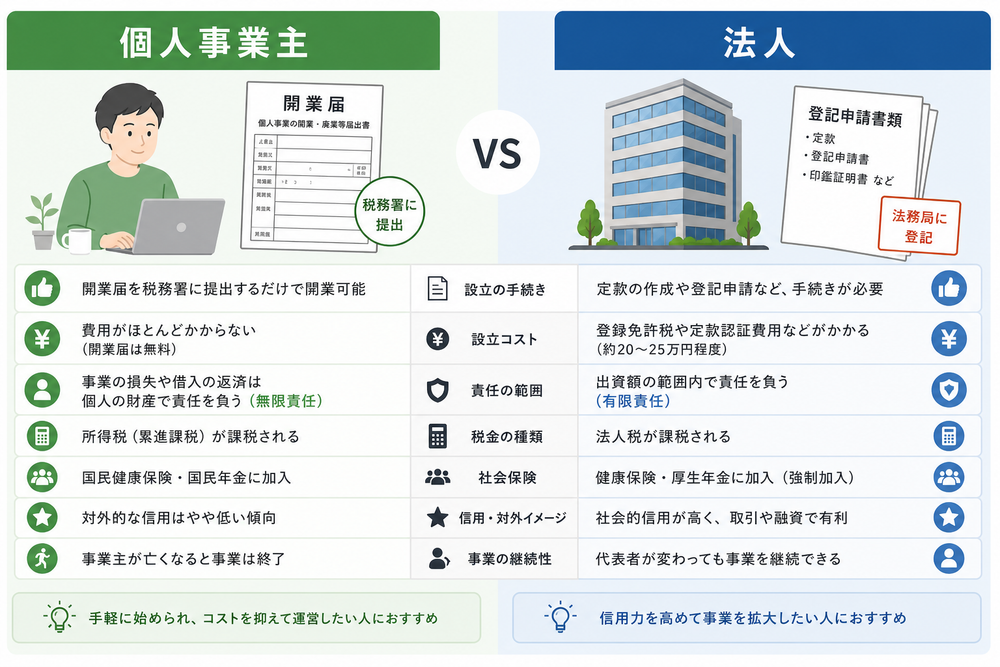 「個人事業主」と「法人」を画面の左右に分けて比較したイラスト。左に個人のアイコンと開業届、右に会社ビルと登記書類、それぞれの特徴を対比させたフラットデザインの図解
