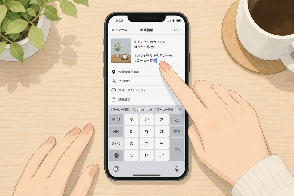 スマートフォンの画面に、SNSアプリの投稿作成画面が表示され、キャプション入力欄にハッシュタグを入力している様子のイラスト風モックアップ画像。指がハッシュタグ入力欄をタップしているシーンを俯瞰で描く。