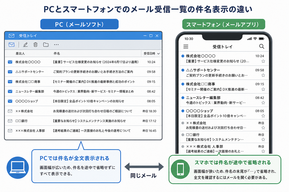 PC画面とスマートフォン画面を並べて、それぞれのメール受信一覧に表示される件名の文字数の違いを示す比較イラスト。左にPCのメールソフト風の受信リスト画面、右にスマートフォンのメールアプリ風の受信リスト画面を配置し、同じ件名がPCでは全文表示