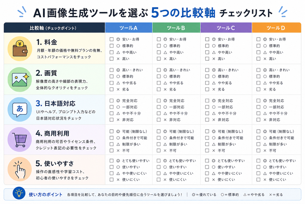 AI画像生成ツールを選ぶ5つの比較軸（料金・画質・日本語対応・商用利用・使いやすさ）をまとめたチェックリスト風のシンプルな図解