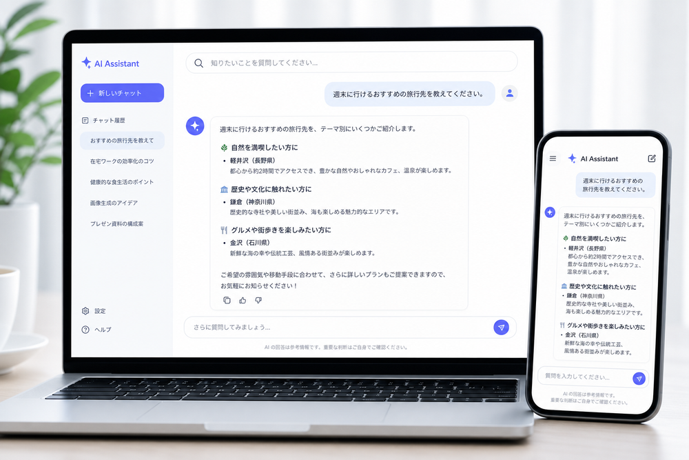パソコンやスマートフォンの画面に、チャット形式のAIアシスタントが質問に対して自然な文章で回答を表示している様子を描いたイメージ画像。画面には吹き出し風のチャットUIと検索窓のようなデザイン要素を含み、清潔感のあるモダンなテック系デザインで