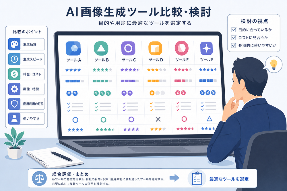 複数のAI画像生成ツールを比較しているイメージを表現した図解。パソコン画面に複数のロゴ風アイコン(抽象的な四角形や丸のシンプルなアイコン)が並び、比較・検討しているようなビジネスイメージイラスト。特定の実在サービス名やロゴは使用しない。