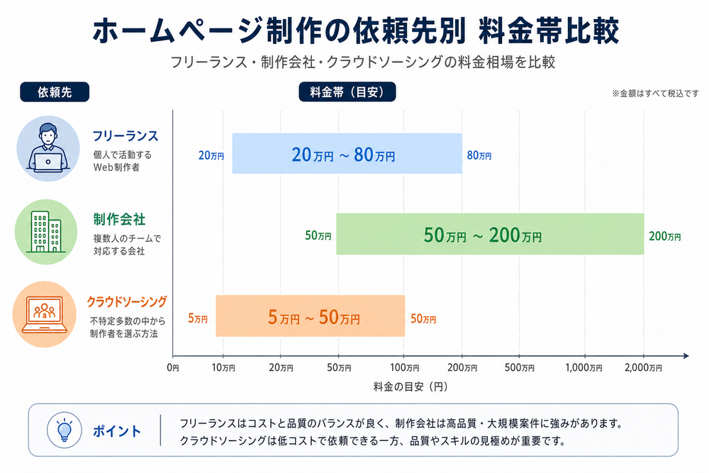 ホームページ制作の依頼先別（フリーランス・制作会社・クラウドソーシング）の料金帯を比較した横棒グラフのシンプルなビジネスインフォグラフィック。色分けされたバーと金額目盛りがある清潔なデザイン