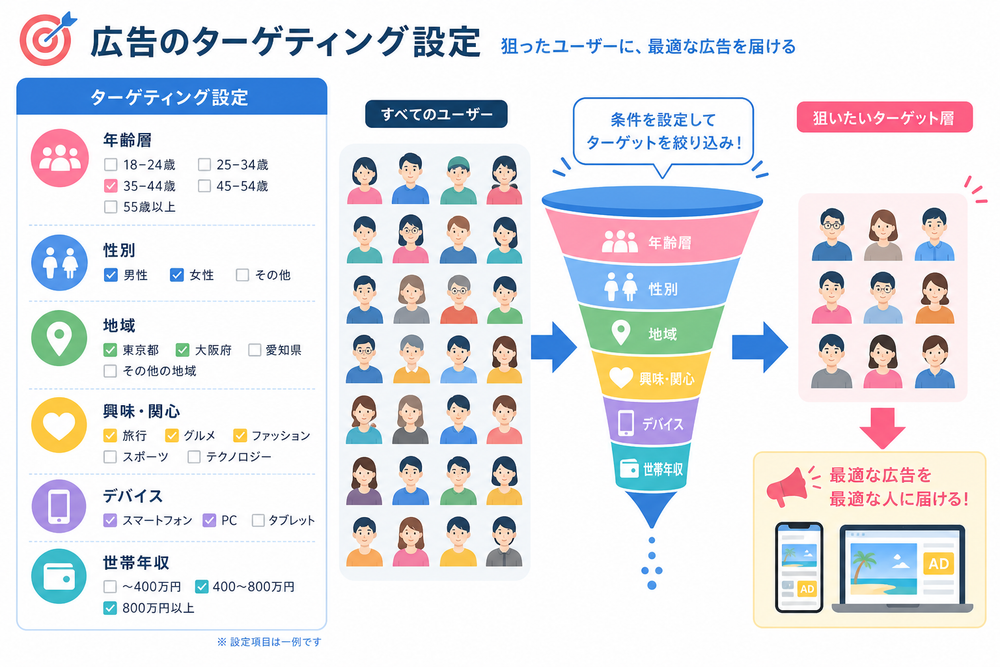 広告のターゲティング設定をイメージした図解イラスト。年齢層・性別・地域・興味関心などの設定項目をアイコンとチェックボックスで表現し、複数の人物アイコンから狙った層を絞り込んでいく様子を矢印やフィルターのイメージで表現する。フラットデザイン、