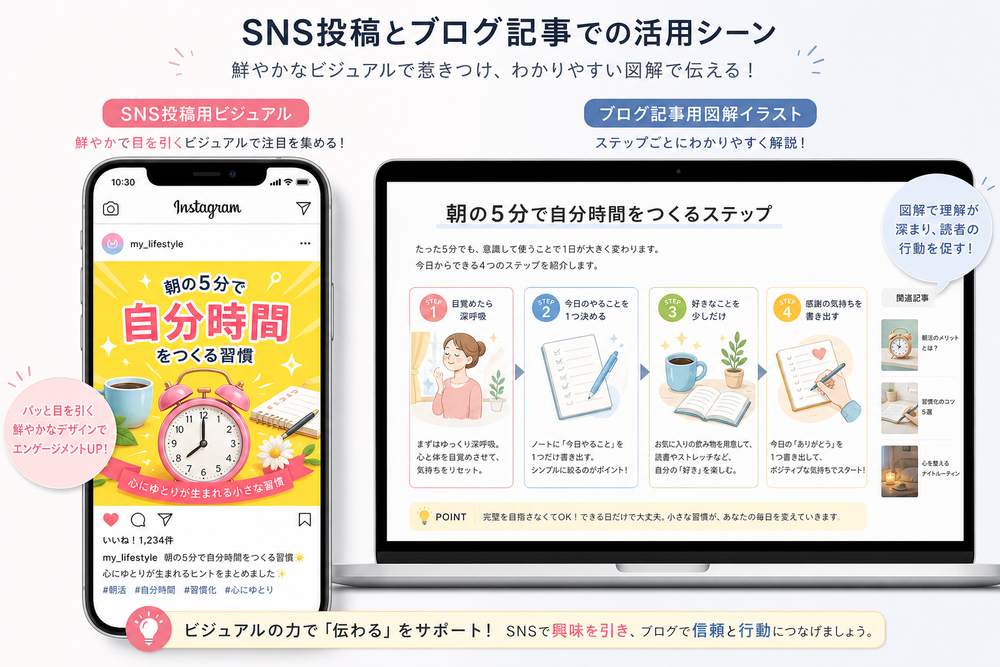 SNS投稿用に生成した鮮やかで正方形のビジュアル画像と、ブログ記事用に生成したステップ解説の図解イラストを並べた活用シーンイメージ。スマートフォン画面とPC画面のモックアップ風に配置